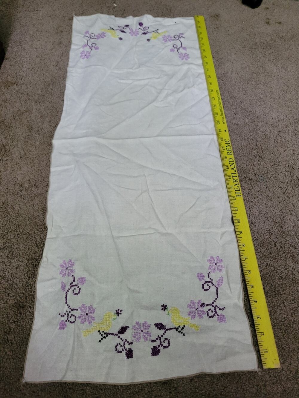 Vintage Hand Stitched Floral Design Table Runner Purple Flowers Yellow
